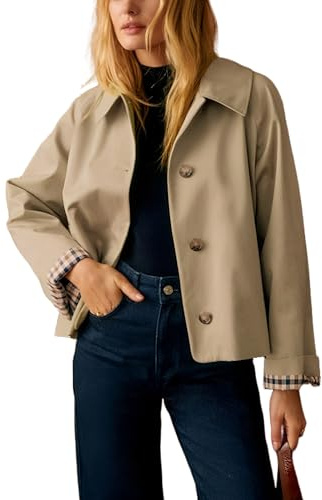 Dqbeng Womens Short Trench Jacket Plaid Lining Button Front Lightweight Classic Casual Outerwear with Pockets (Tan-M)