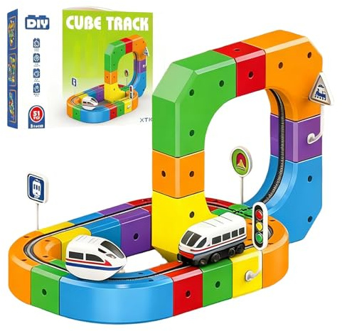 Treno Elettrico per Bambini Set, Trenino Giocattolo con Pista, Layout 3D Incorporati per Bambini Didattico di 3 4 5 6 7 8 Anni, Giochi Regalo Natale/Compleanno (51pcs)