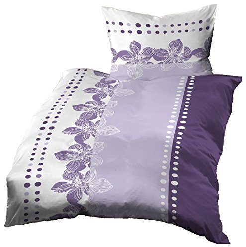 Gerald Wittmann Parure de Lit avec Housse de Couette en Piqué, 100% Coton, pour Lit 1 Personne, Pois et Rayures avec Fleurs, Lilas/Violet Blanc, 140x200 cm + 70x90 cm