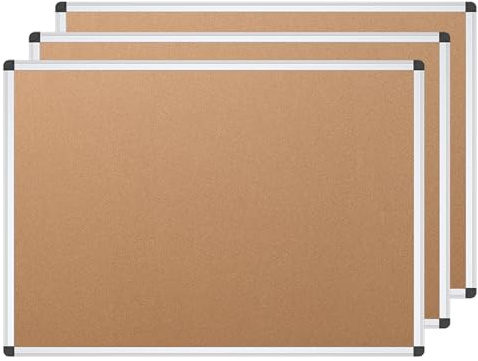 VIZ-PRO Cork Notice Board, 48 X 24 Inches, 3 Pack, Silver Aluminium Frame