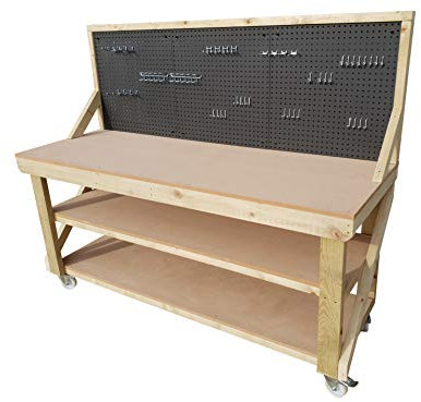 Wooden MDF Heavy Duty Workbench Double Shelf With Peg Board and Wheels With Castors - 46 Piece Peg Kit INCLUDED - 4FT and 6FT - Made Of Pressure Treated Timber - Garage Work Table Handmade (4ft)