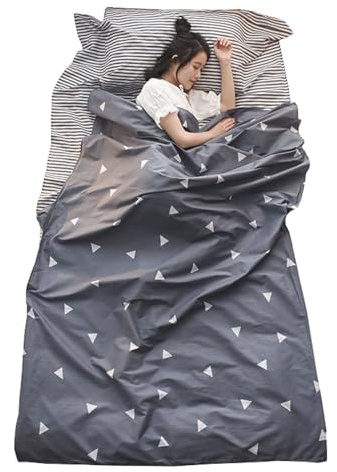 TRIWONDER Sacco Lenzuolo da Viaggio e Casa, Sacco Coprimaterasso in Cotone per Sacco a Pelo, Singolo/Matrimoniale, per Campeggio Hotel Treno (Grigio, S - 80 x 230 cm)