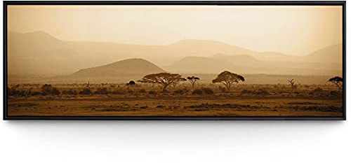 BilderKing Wandbild Afrika Savanne - 150cm x 50cm Leinwand auf 2cm Keilrahmen mit Schattenfugenrahmen schwarz