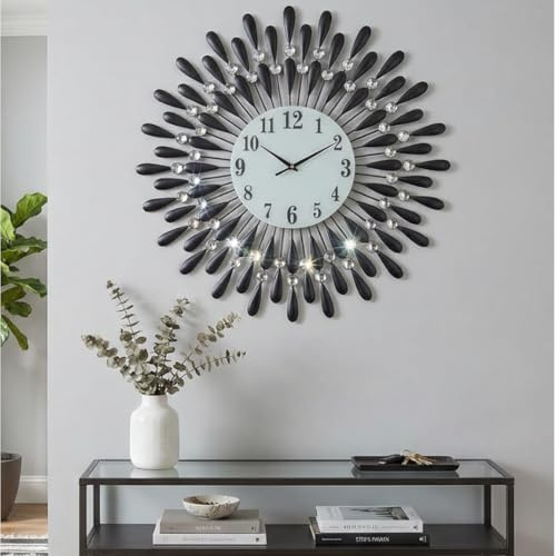 Heaven4you Large Premium Diamond Jeweled Wall Clock Crystal Modern 3D Sunburst for Living Room Kitchen – Silent Sweeping –Second Hand- Ready to Hang with Hook & Instructions for Hands 60cm/23.6inch