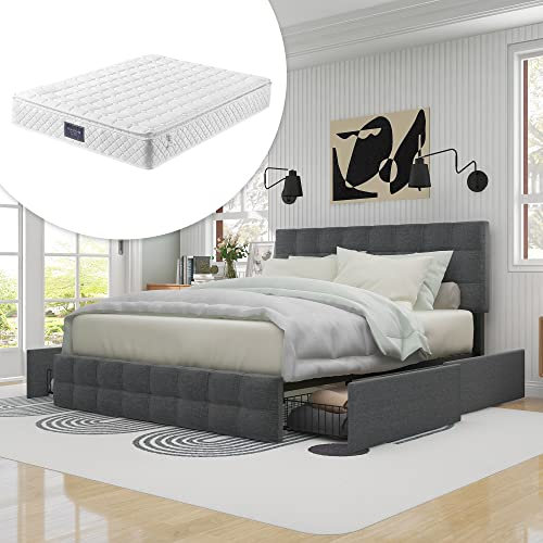 HESHU Polsterbett 140 x 200 cm, Stauraumbett mit 4 Schubladen, Doppelbett mit Höhenverstellbares Kopfteil & Bettkasten, für Erwachsene & Jugendliche, Grau, mit Matratze