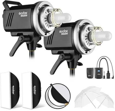 Godox 600W Photo Studio Strobe Flash Lighting Kit, 2xGodox MS300 300W 2.4G Monolight with Bowens Mount, 2xSoftbox, 1xAT-16 Trigger, 2xUmbrella, 1xReflector for Studio, Product, Portrait Photography