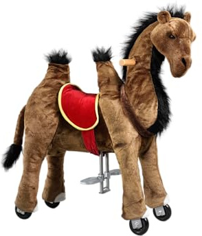 Ponnie Ridhäst med hjul Camel S (3–6 år), lekhäst för ridning med röd sadel, kambar man och svans, plyschhäst för ridning för barn PRO