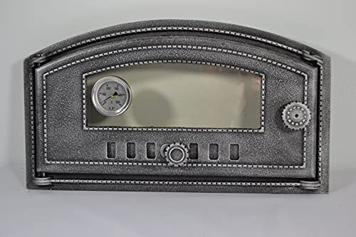 SEZAM Backofentür aus Gusseisen mit Thermometer 500°C,hitzebeständige Glasscheibe, nach links öffnend, Pizzaofentür - Brotofen -Steinofentür, 48,5 x 6,5 x 27,5 cm -halbrund, altsilberfarbene Bemalung