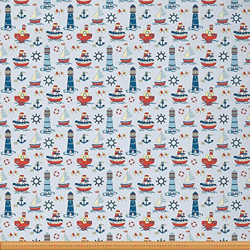 Leuchtturm Stoff Meterware Nautischer Polsterstoff Ozeanwellen Ankerruder Dekorstoff Seesegel Stoff für Drinnen Draußen Wasserdichter Stoff für Abenteuerschiffe DIY Kunst Blau Rot 92 x 150 (HxB)