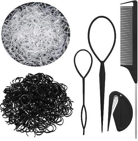 Haargummis Klein 2000 Stück Schwarz Durchsichtige Haargummis Mini Elastisch Haar Band mit Haargummis Cutter,Haarschwanz-Werkzeuge,Stielkamm für Mädchen Dame Puppe Haarstyling