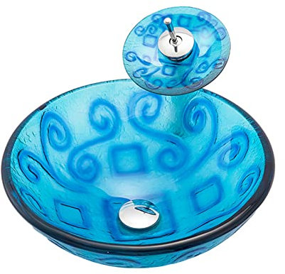 HESIEU Badezimmer-Waschbecken über der Theke, blaues gehärtetes Glas, Vintage-Waschtisch, Waschbecken, modernes Badezimmer-Waschtisch-Waschtisch-Set, Glas-Waschbecken