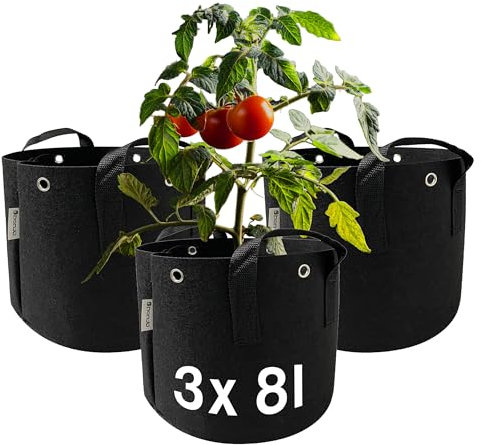 honju Home Growbag - Pot en Tissu de 8 l (Lot de 3) [Sac de Plantation avec Trous renforcés pour Nouer en Bas, Meilleure Croissance des Racines, éviter l'engorgement] Noir