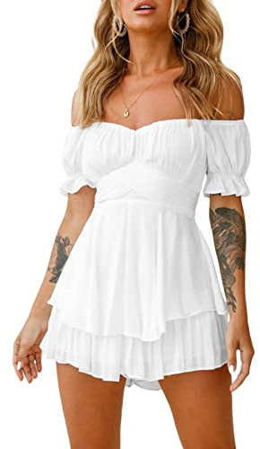 Women Puff Sleeve Off Shoulder Mini Dress Square Neck Ruffled A Line Flowy Swing Beach Dress Summer Smocked Sundress