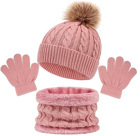 outfit spring Kinder Wintermütze Schal Handschuhe 3PC Set, Warme Winter Bommel Strickmütze Beanie Weich Dicke Fleece Futter Loopschal Kinderhandschuh Set für Mädchen Jungen Kind Geschenke (Pom Rosa)