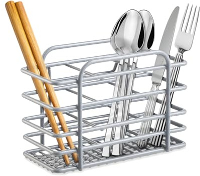 Casa & Casa Wire Coated Cutlery Holder, Kitchen Utensils Drying Rack, Knife & Spoon Holder, Self-Draining Rack, Rust Resistance, Grey