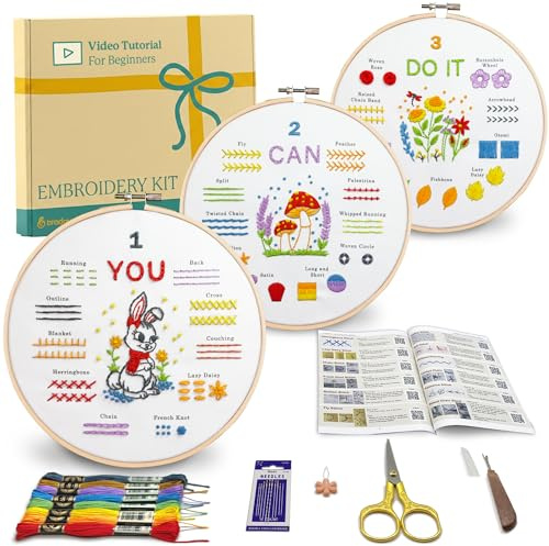 Bradove - Kit de bordado para principiantes, aprender a bordar 29 puntos y motivos lindos con video tutorial e instrucciones (idioma español no garantizado), kit de bordado para principiantes adultos