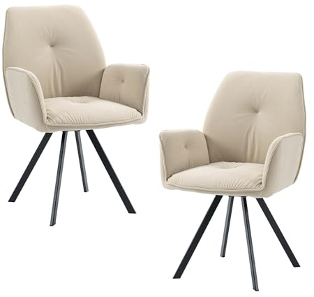 MEUBLE Cosy Esszimmerstühle Drehbar 2er Set Küchenstuhl Polsterstuhl Drehstuhl mit Armlehne Sessel aus Samt Metallbeine, Sitzbreite 49 cm, für Esszimmer Wohnzimmer, Arbeitszimmer, Beige