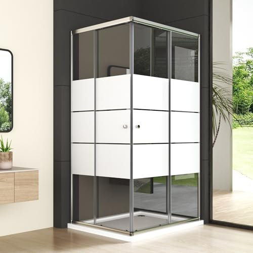 Duschkabine Eckeinstieg 80x100cm Doppel Schiebetür Duschabtrennung, Gestreift Glas Duschschiebetür Schiebetüren Duschkabine aus 6mm ESG Sicherheitsglas, Duschwand Duschtür Höhe 185cm