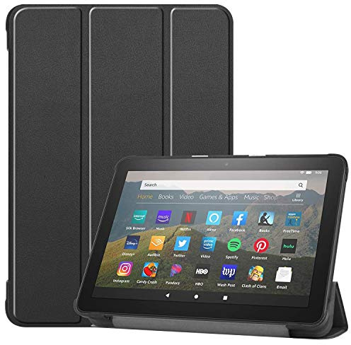 ODQQDO Hülle für Fire HD 8 & HD 8 Plus Tablet(10/12 Gen, 2020/2022/2024), Nicht für Dreifach Faltbarer Vorderseite aus Leder und Rückseite für Fire HD 8 Kids Pro, Auto Schlaf/Aufwach(Black)