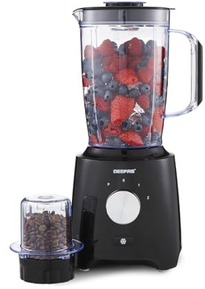 GEEPAS 2-in-1 Food Jug Blender 1.8L Smoothie Maker 60G Spice Mill 550W | 6-Leaf Stainless-Steel Blades, 2 Speed & Pulse, Turbo Button for Ice Crushing