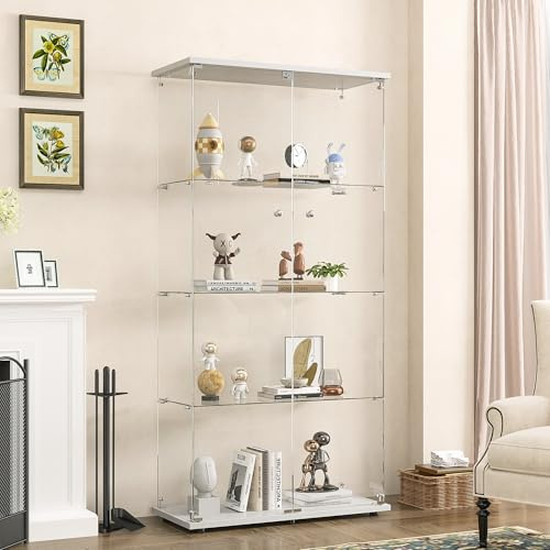 Vetrinetta in Vetro,Vetrinetta Espositiva,164x80.5×36.5cm,Vetrina Soggiorno Moderna con 4 Ripiani in Vetro con 2Porta e Serratura,Vetrine per Collezionismo,Vetrina negozio,Bianco