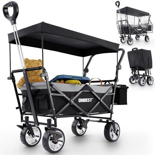 ONBEST Bollerwagen faltbar - Plus Regenschutz - Faltbollerwagen mit Dach – Sonnenschutz Dach – Kühltasche – Becherhalter – Outdoor – klappbarer Strandbollerwagen (Schwarz)