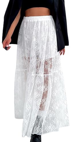 Achlibe Jupe trapèze en dentelle transparente pour femme - Style décontracté - Taille élastique - Jupe longue - Plage - Vacances - Club - Streetwear Y2K, blanc, M