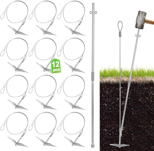 Ground Earth Anchors for Shedswith Drive Rod Tool, 35 x 1/8 Galvanized Cable for Securing Camping Tents, Swing Set, Green House, (12 Pack) Single Layer Earth Anchors for Trapping