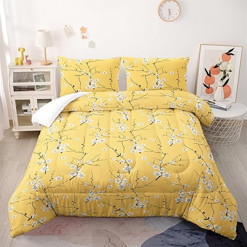 Colcha acolchada de microfibra con flor de ciruelo amarillo para todas las estaciones, edredón transpirable suave con 2 almohadas (50 x 75 cm) 140 x 200 cm