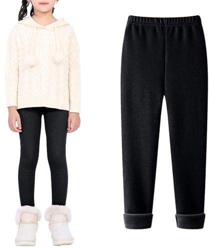 JiAmy Leggings thermiques pour filles Enfants Automne Hiver Polaire Doublure Sport Leggings Longs Extensibles Casual Coton pour filles 3-13 ans, Noir , 3-4 ans