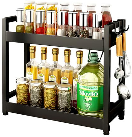 JABNOW Gewürzregal mit 2-Stufig Arbeitsplatte, Gewürzregal Stehend, Küchenregalmit mit 4 Haken, Verwendung für Küche Büro Schlafzimmer Badezimmer, Schwarz