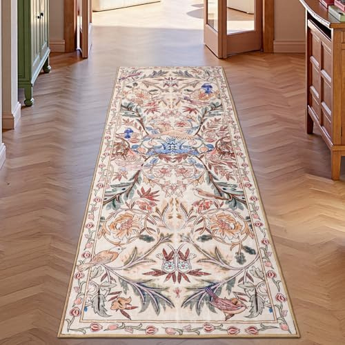 TUKDAK Tappeto da Cucina Runner Lavabile 60x180cm, Tappeto da Corridoio Rosa Runner Con Fondo Antiscivol, Coperta Morbida Della Camera da Ietto di Boho, Tappeto Floreale Uccello per Bagno Ingresso