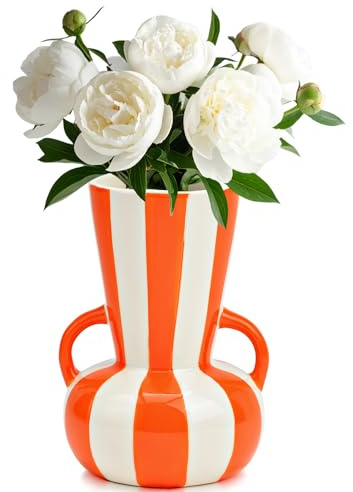 matches21 HOME & HOBBY Blumenvase bunt gestreift, orange weiß in Ø 11 x 16 cm - Moderne Keramik Vase als Wohnzimmerdeko