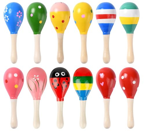 Pumwoy 12 PCS Wooden Maracas, Wooden Maracas Baby 4.5in, Random Color for Party Favors, Classroom Prizes, Performances, Entertainment