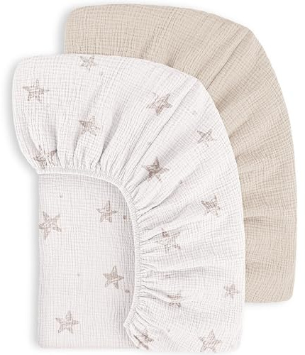 Susurration 100% Baumwolle Musselin-Spannbettlaken 2er Set Kinder Spannbettlaken,Baby-Bettlaken Reisebett Spannlaken Beistellbett Leintücher 60x120/70x140cm (Cream Star)