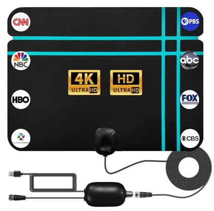 Antenna digitale da interni per TV DVB-T e DVB-T2 Cavo da 10 m con amplificatore, 100+ miglia Supporta canali HD 4K 1080P