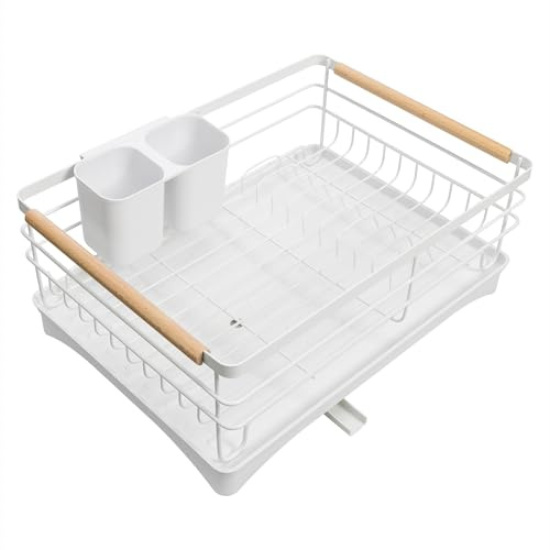 Navaris Escurreplatos Acero Inoxidable con Bandeja de Drenaje - Escurridor de Platos Acero Inoxidable con Cesto para Cubiertos - Escurreplatos Blanco para Secar Tazas Vasos Ollas - 43 x 32 x 16 cm
