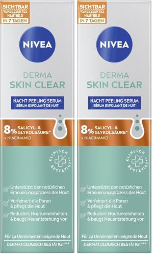 NIVEA Derma Skin Clear Nacht Peeling Serum, Gesichtspflege für ein sichtbar verbessertes Hautbild, porenverfeinerndes Niacinamide Serum Peeling mit AHA & BHA (40 ml) (Packung mit 2)