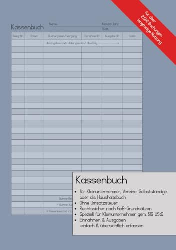 Kassenbuch DIN A5 | für Kleinunternehmer, Vereine, Selbstständige oder als Haushaltsbuch | ohne USt/ MwSt | über 100 Seiten: 2.500+ Buchungen für eine ... & Ausgaben einfach & übersichtlich erfassen