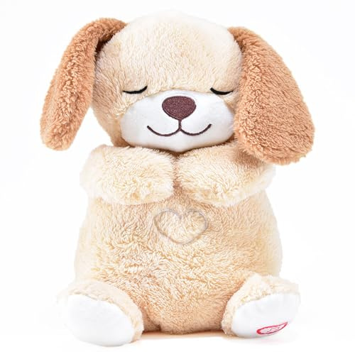 Kögler 45239 - Atmendes Einschlaf-Plüschtier Hund, ca. 26 cm groß, mit Atembewegungen und Leuchtfunktion auf Knopfdruck, mit Einschlafmusik für Babys und Kinder, batteriebetrieben