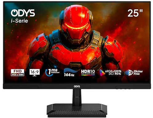 ODYS i25-F-144 Gaming Monitor – 25 Zoll (62 cm) Full HD (1920x1080), 144 Hz, 1ms (MPRT), IPS-Panel, Adaptive Sync, HDR10, 120% sRGB, HDMI 2.1, DisplayPort, Flicker-Free