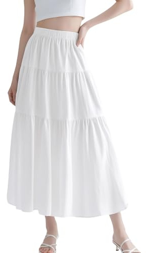 Fiohiros Maxi Skirts for Women UK, Elastic High Waist Ladies Long Skirts Elegant A-Line, Vintage Summer Tiered Maxi Skirt (UK, Alpha, S, Regular, Regular, White)