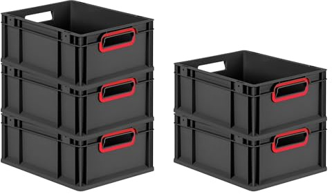 PROREGAL SparSet 5x Eurobox NextGen Color | HxBxT 17x30x40cm | 16 Liter | Griffe rot offen | Schwarz | Eurobehälter, Transportbox, Transportbehälter, Stapelbehälter