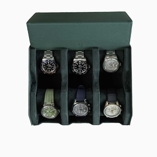 DailyWatch | Watch Box For 6 Watches | Genuine Black Leather Watch Roll Case With Soft Velvet Interior | Travel Watch Case - Protect & Display Your Watches | Watch Storage Travel Case Green Saffiano