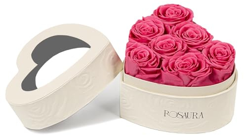 Rosaura Heart-Shaped Preserved Roses Gift Box - Real Forever Flowers for Christmas, Birthday, Valentine's & Mother's Day (pink, 7 roses)