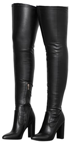 Schwarz,47,Dehnbare Kniehohe Stiefel für Damen, Sexy Overknee-Stiefel mit spitzer Zehenpartie und hohem Blockabsatz, Große Knight-High-Heels aus Kunstleder seitlichem Reißverschluss