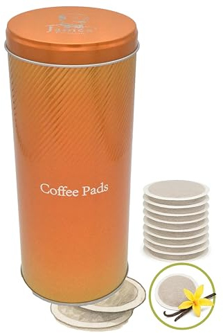 James Premium Kaffee Pad Dose, 18 cm Höhe, Edelstahl Padheber, Vanille Aroma, Orange mit 18 Pads
