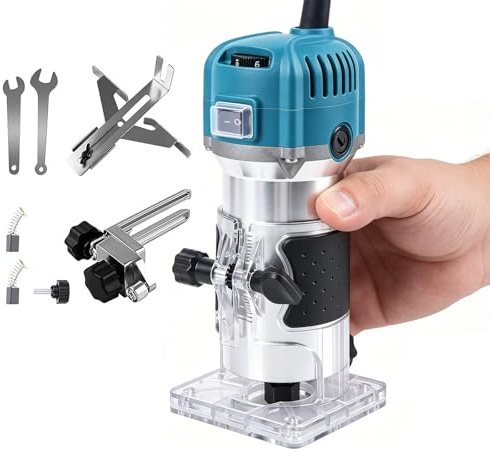 Affleureuse à Bois Défonceuse Électrique, Affleureuse Défonceuse Trimmer Router Fraiseuse Électrique Outil à Bois 800W 30000 Tr/Min,Pince 6.35mm, 6 Vitesses, 1 Couteau Droit