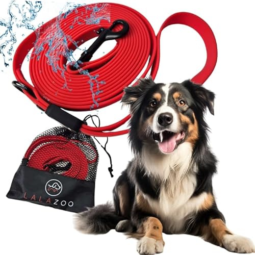 Lalazoo RUBBY Hundeleine Trainingsleine 10m – Wasserdicht PVC Schleppleine für Hunde – Rot, 15mm Breit – Robuste Langlaufleine mit Karabiner & Handschlaufe – Für Training, Rückruf & Fährtenarbeit