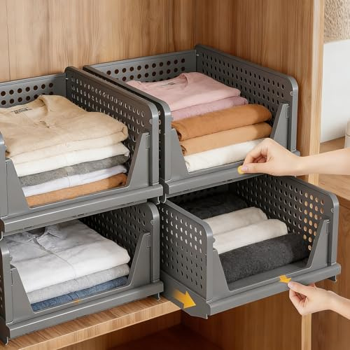 Freyeeti 4 Pack Organizador de Armario Apilable, Cajas Apilables, Organizador de Ropa, Para armario dormitorio, Cocina, Baño, Hogar (Gris)